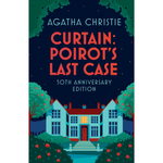 Book cover of 'Curtain: Poirot's Last Case' by Agatha Christie with a house illustration.