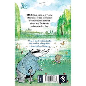 Illustrated book back cover with otters and nature scene, featuring a quote by Kiran Millwood Hargrave.