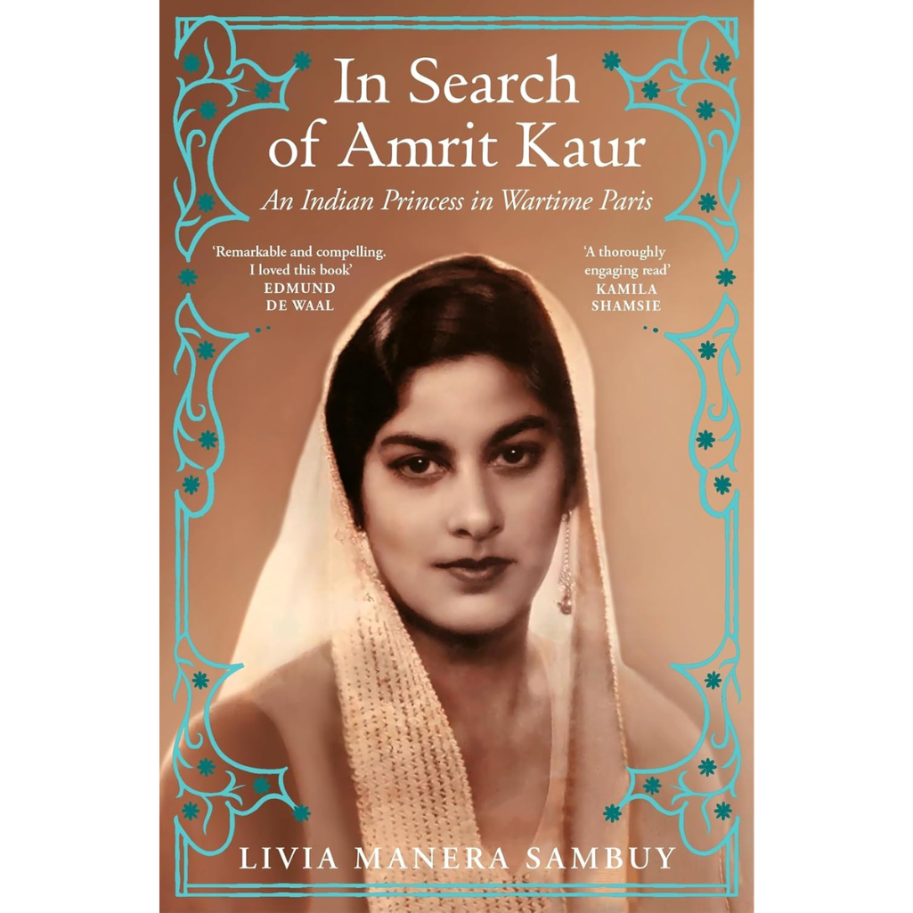 Book cover of 'In Search of Amrit Kaur' with a portrait of a woman and decorative elements.