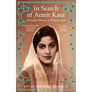 Book cover of 'In Search of Amrit Kaur' with a portrait of a woman and decorative elements.