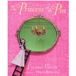 Book cover of 'The Princess and the Pea' with a girl on a ladder and chandelier reflection.