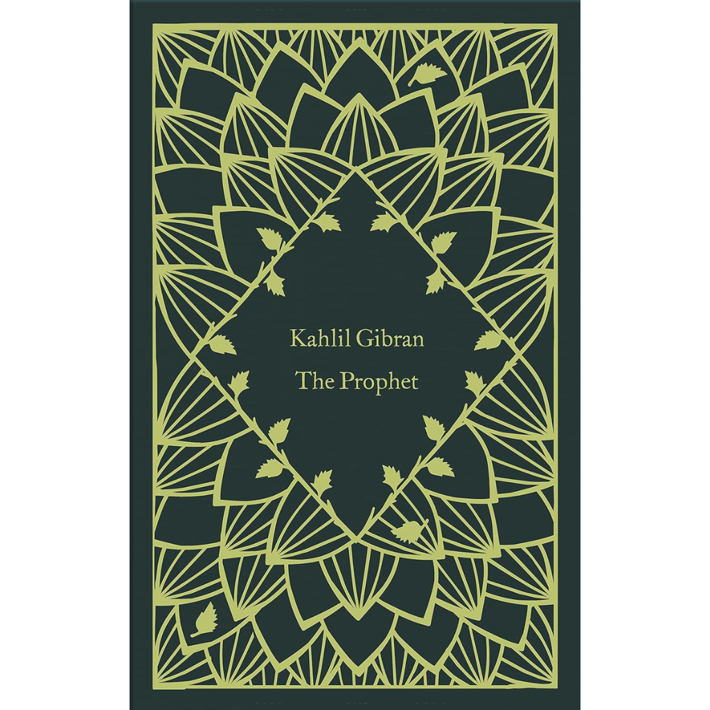 Book cover of 'The Prophet' by Kahlil Gibran with decorative gold design on a dark green background