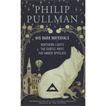 Book cover of 'His Dark Materials' series by Philip Pullman with illustrations of a wolf, cathedral, and hot air balloon.