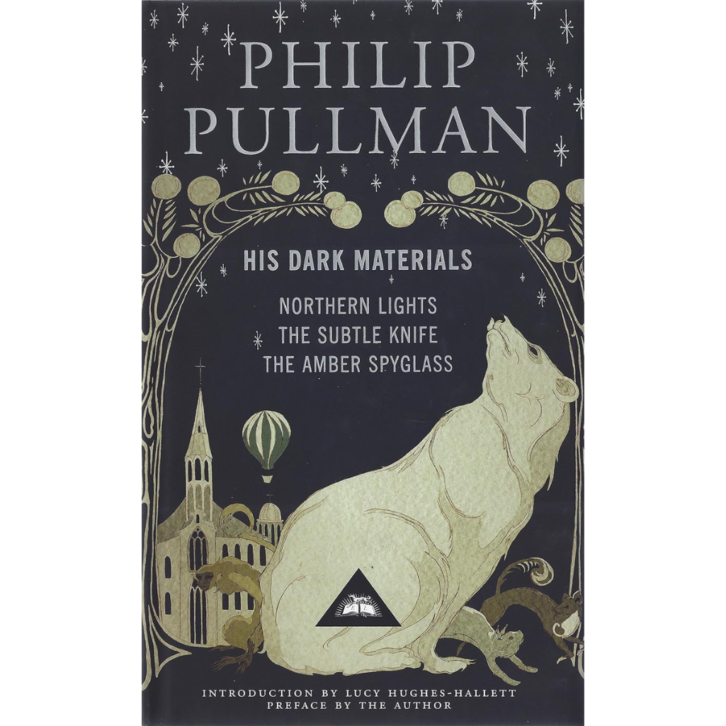 Book cover of 'His Dark Materials' series by Philip Pullman with illustrations of a wolf, cathedral, and hot air balloon.