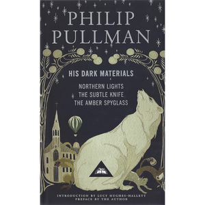 Book cover of 'His Dark Materials' series by Philip Pullman with illustrations of a wolf, cathedral, and hot air balloon.