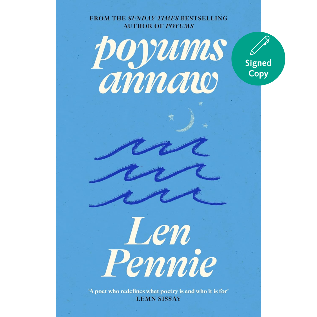 Book cover of 'Poyums Annaw' by Len Pennie with a blue background and white text.