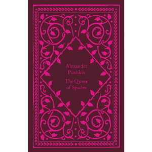 Book cover of 'The Queen of Spades' by Alexander Pushkin with decorative pink design on a dark background
