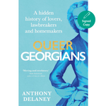 Book cover of 'Queer Georgians' with a stylized woman's face and blue background
