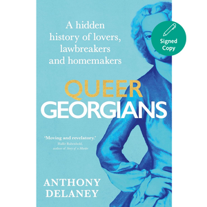 Book cover of 'Queer Georgians' with a stylized woman's face and blue background
