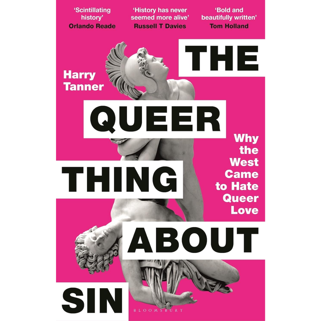 Book cover of 'The Queer Thing About Sin' by Harry Tanner with a pink background and statue illustration.