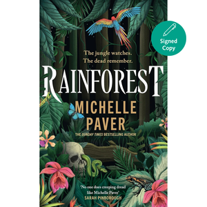 Book cover of 'Rainforest' by Michelle Paver with jungle-themed design and signed copy badge.