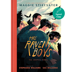 Book cover of 'The Raven Boys' graphic novel with characters and trees on a white background