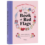 Book titled 'The Book of Red Flags' with illustrations on a pink background