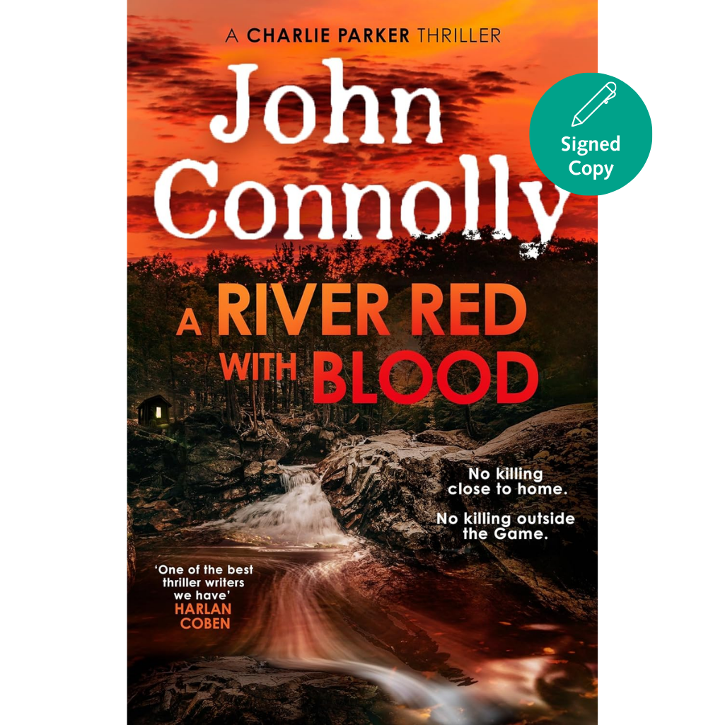 Book cover of 'A River Red with Blood' by John Connolly featuring a scenic road and sunset.