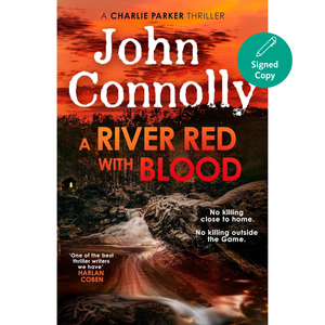 Book cover of 'A River Red with Blood' by John Connolly featuring a scenic road and sunset.