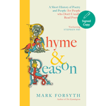 Book cover of 'Rhyme & Reason' by Mark Forsyth with decorative elements and a yellow vertical stripe.