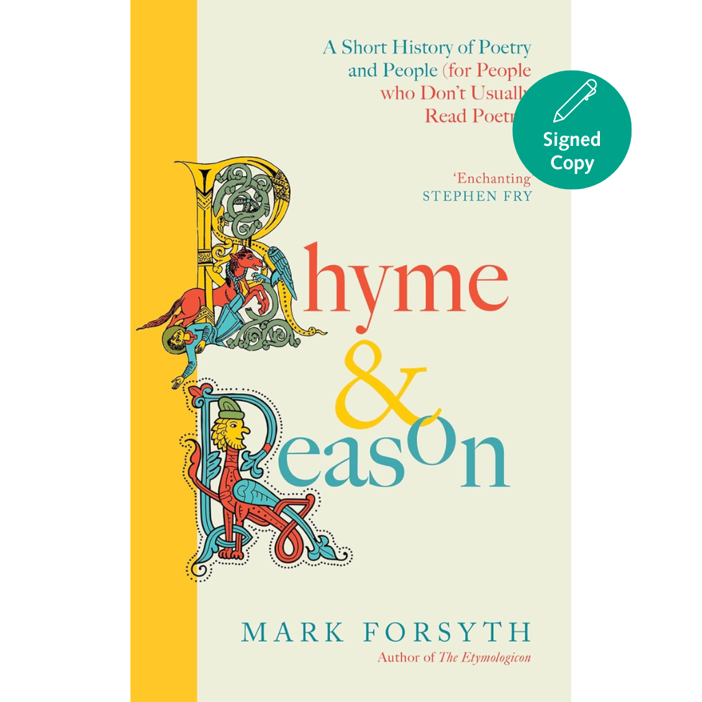 Book cover of 'Rhyme & Reason' by Mark Forsyth with decorative elements and a yellow vertical stripe.