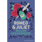 Book cover of 'Romeo & Juliet' by William Shakespeare with roses and a sword on a blue background.