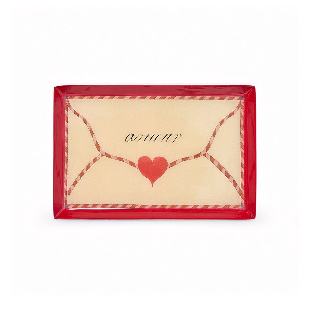 enamel tray in red and cream with 'amour' text and heart