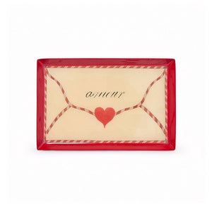 enamel tray in red and cream with 'amour' text and heart