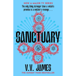 Book cover of 'Sanctuary' by V.V. James with red and black symbols on a blue background