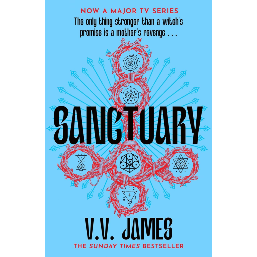 Book cover of 'Sanctuary' by V.V. James with red and black symbols on a blue background