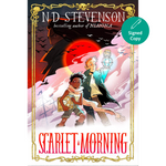 Book cover of 'Scarlet Morning' by N.D. Stevenson with two characters and a red sun in the background.