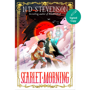 Book cover of 'Scarlet Morning' by N.D. Stevenson with two characters and a red sun in the background.
