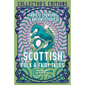 Book cover of 'Scottish Folk & Fairy Tales' with a dragon illustration on a green background