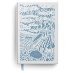 Notebook with blue illustrations and 'Sense and Sensibility' text on a white background