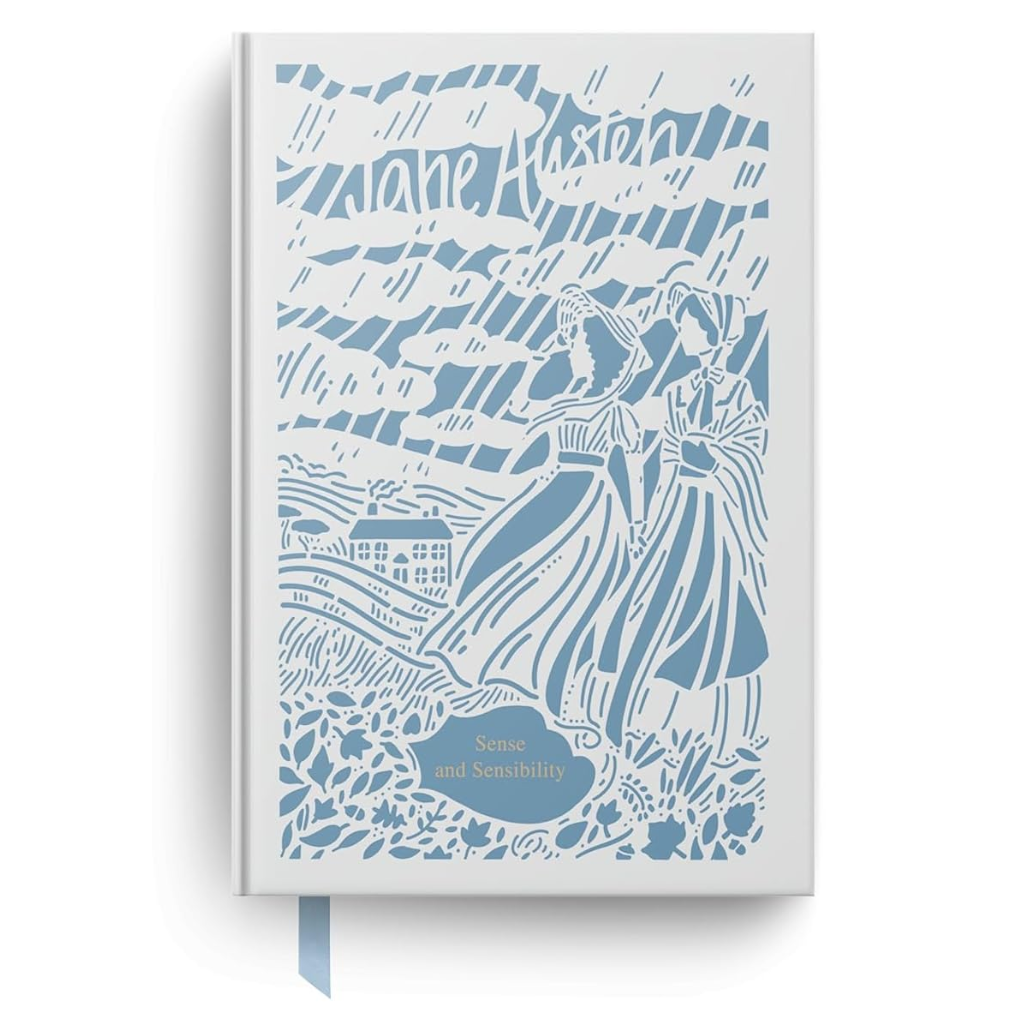 Notebook with blue illustrations and 'Sense and Sensibility' text on a white background
