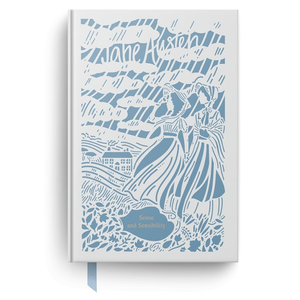 Notebook with blue illustrations and 'Sense and Sensibility' text on a white background