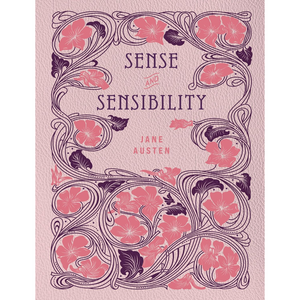 Book cover of 'Sense and Sensibility' by Jane Austen with decorative floral design on a pink background