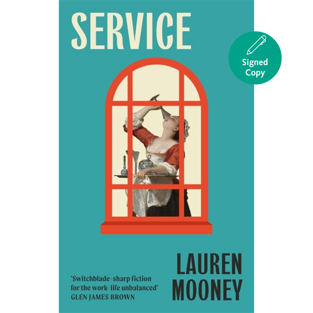 Book cover of 'Service' by Lauren Mooney with a teal background and red window frame.