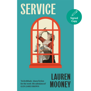 Book cover of 'Service' by Lauren Mooney with a teal background and red window frame.