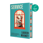 Book cover of 'Service' by Lauren Mooney with a teal background and red window illustration.