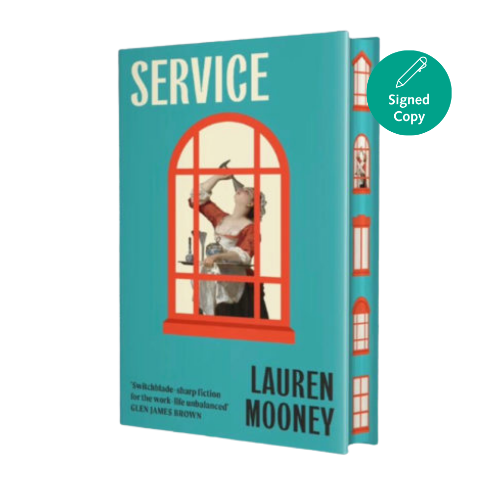 Book cover of 'Service' by Lauren Mooney with a teal background and red window illustration.
