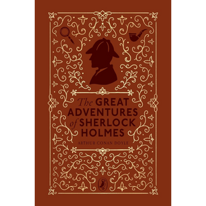 Book cover of 'The Great Adventures of Sherlock Holmes' with decorative elements on a brown background