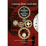 Book cover of 'The Adventure of the Analytical Engine' from 'A Sherlock Holmes Escape Book' with gears and a silhouette of a person.