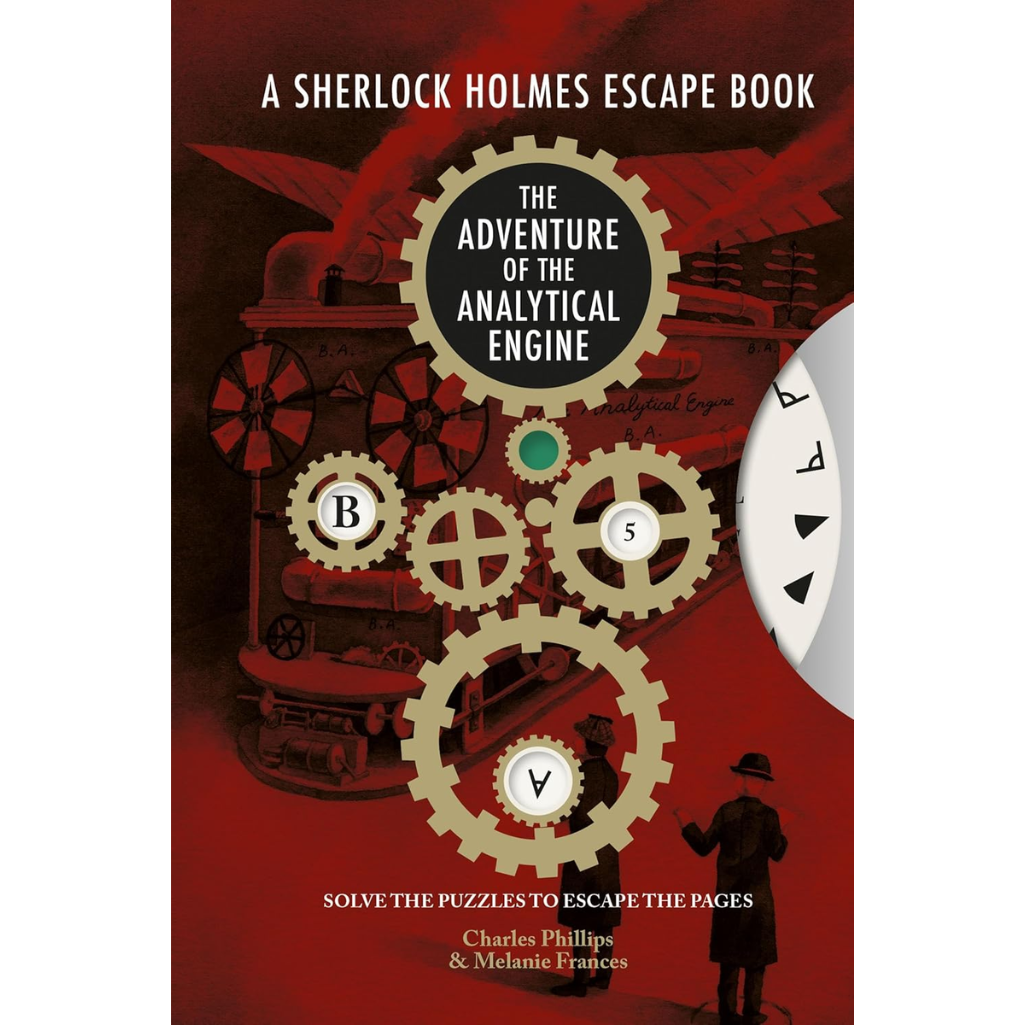 Book cover of 'The Adventure of the Analytical Engine' from 'A Sherlock Holmes Escape Book' with gears and a silhouette of a person.