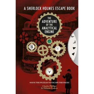 Book cover of 'The Adventure of the Analytical Engine' from 'A Sherlock Holmes Escape Book' with gears and a silhouette of a person.
