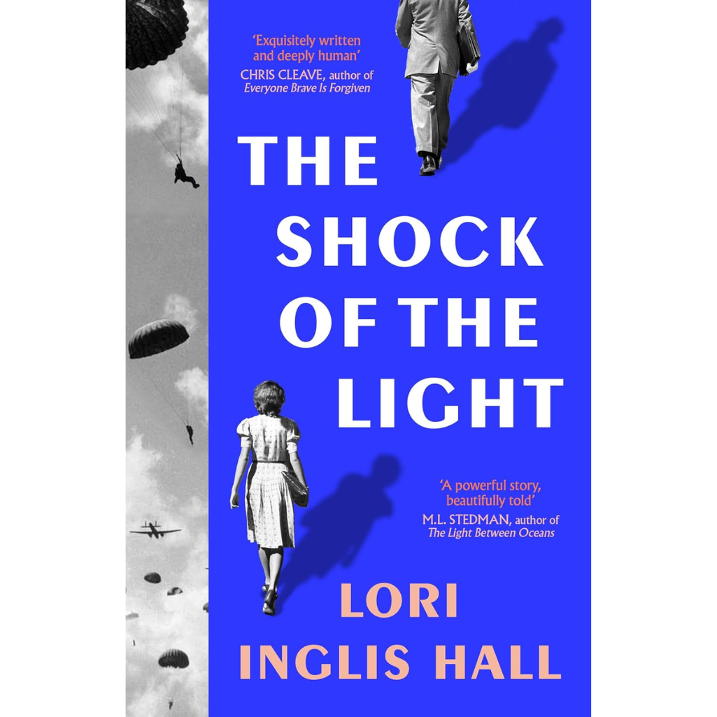 Book cover of 'The Shock of the Light' by Lori Inglis Hall with a blue background and black and white images.