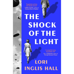 Book cover of 'The Shock of the Light' by Lori Inglis Hall with a blue background and black and white images.