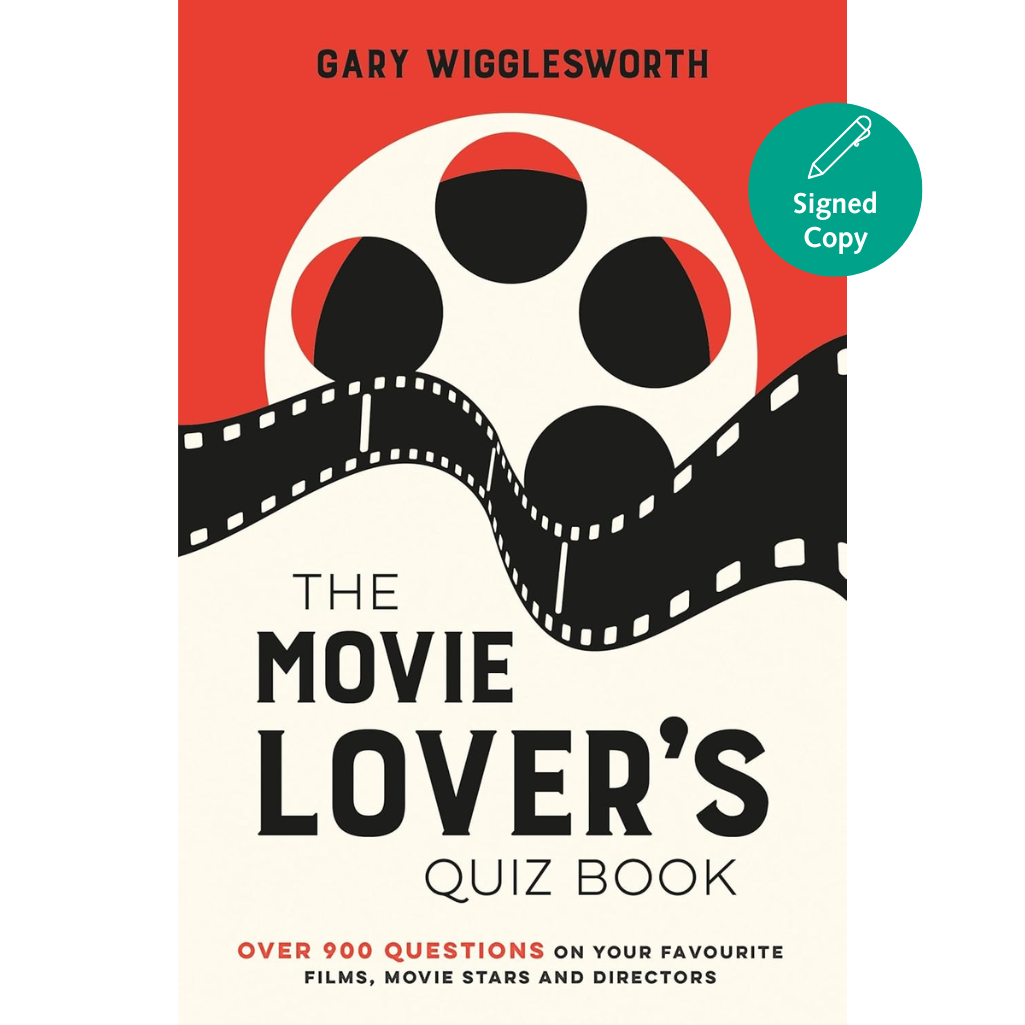 Book cover of 'The Movie Lover's Quiz Book' by Gary Wigglesworth with a film reel design on a red and white background.