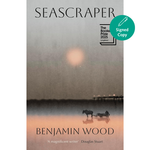 Book cover of 'Seascraper' by Benjamin Wood with a silhouette of a horse and cart and a sunset over water.