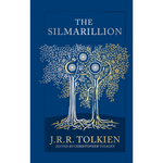 Book cover of 'The Silmarillion' by J.R.R. Tolkien with a stylized tree design on a blue background.
