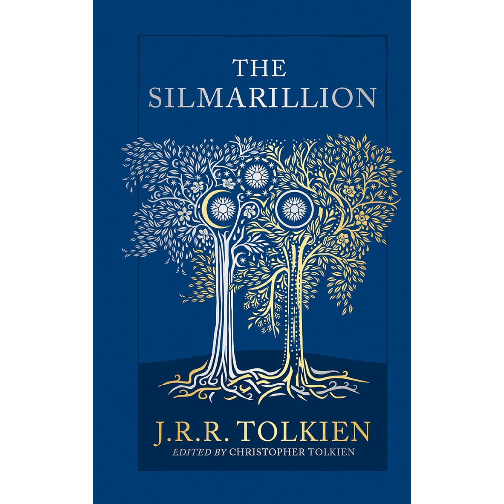 Book cover of 'The Silmarillion' by J.R.R. Tolkien with a stylized tree design on a blue background.