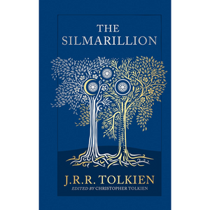 Book cover of 'The Silmarillion' by J.R.R. Tolkien with a stylized tree design on a blue background.