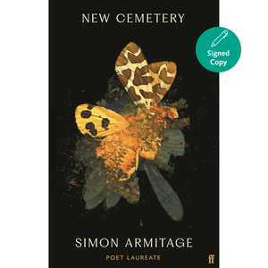 Book cover of 'New Cemetery' by Simon Armitage with a butterfly illustration on a black background.
