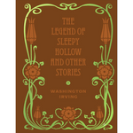 Book cover of 'The Legend of Sleepy Hollow and Other Stories' by Washington Irving with decorative elements on a brown background.